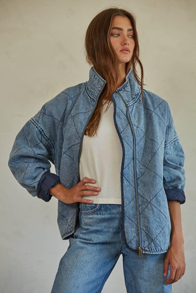 Quilted denim jacket with zipper front, styled for coastal outdoor adventures and PNW weekends