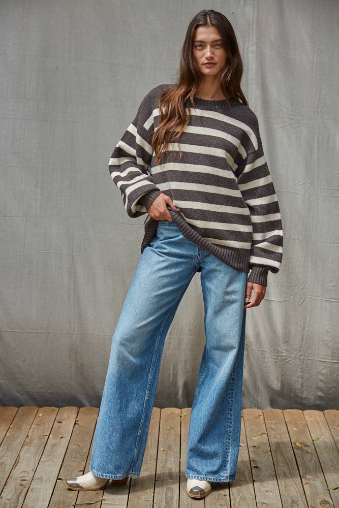 W1050 | Knit Oversized Striped Sweater Top