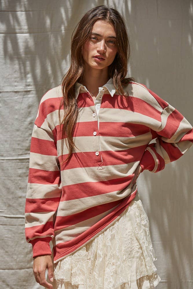 L8802 | Knit Cotton Striped French Terry Collar Neck Top