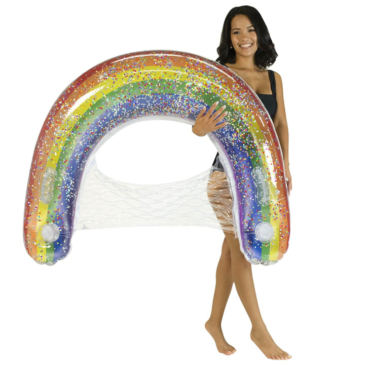 Rainbow glitter inflatable pool float with clear mesh bottom, perfect for beach days and summer fun