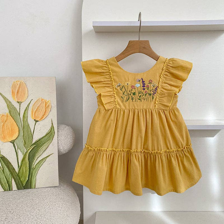 Floral Embroidered Vertical Ruffle Strap Girls Dress/Romper