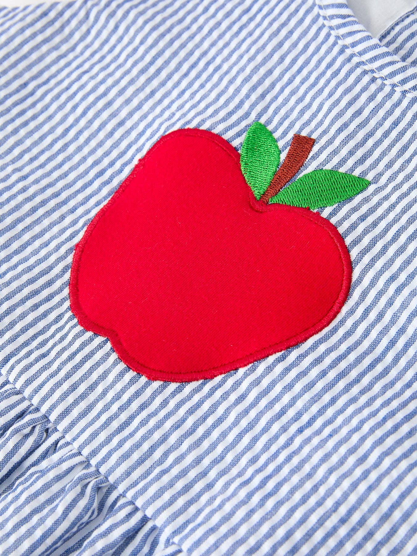 Summer Apple Applique Girls Dress Blue Stripe Ruffle