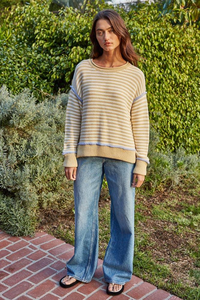 W2416 | Knit Sweater Cotton Polyester Striped Contrast Seam