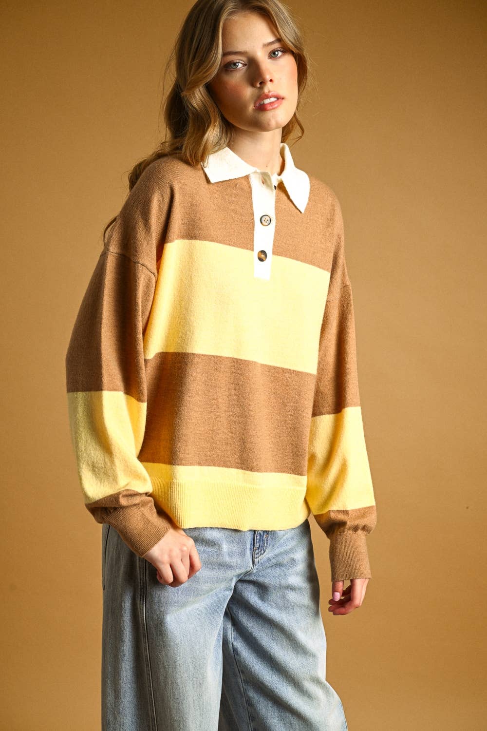 T7635   COLOR BLOCK SWEATER KNIT COLLAR TOP