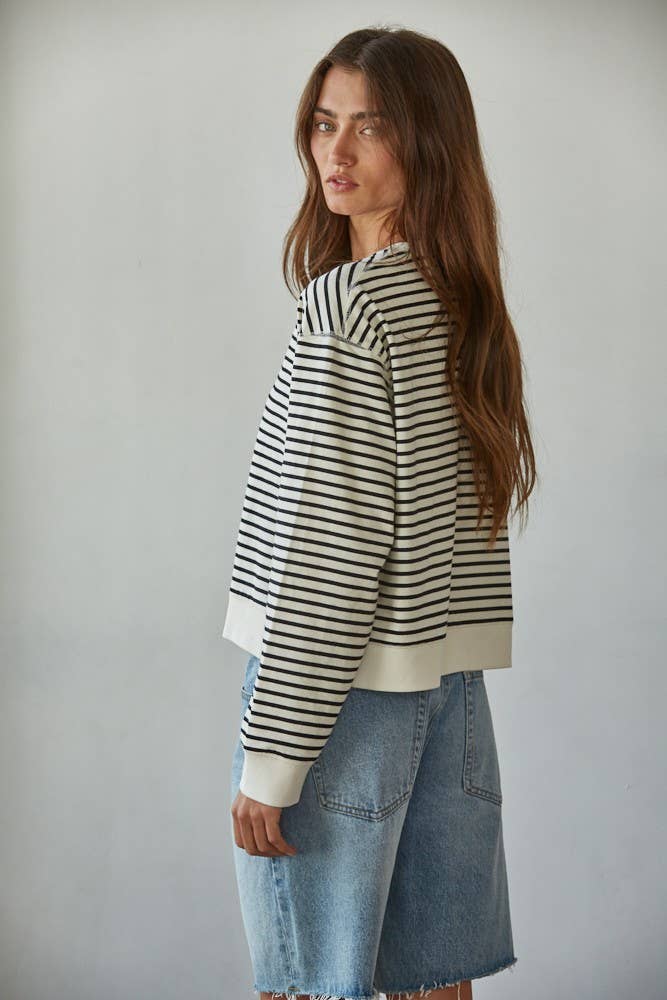L8744 | Knit Cotton Striped Crew Neck Long Sleeve Top