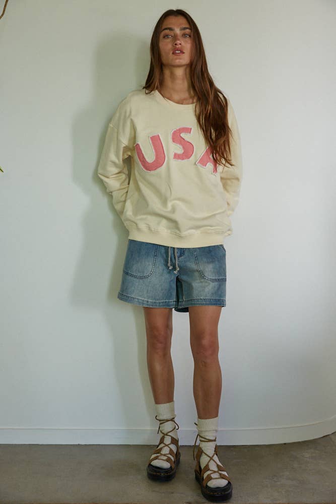 By Together L7335 |  Knit Cotton Pullover Top With USA Patch Work