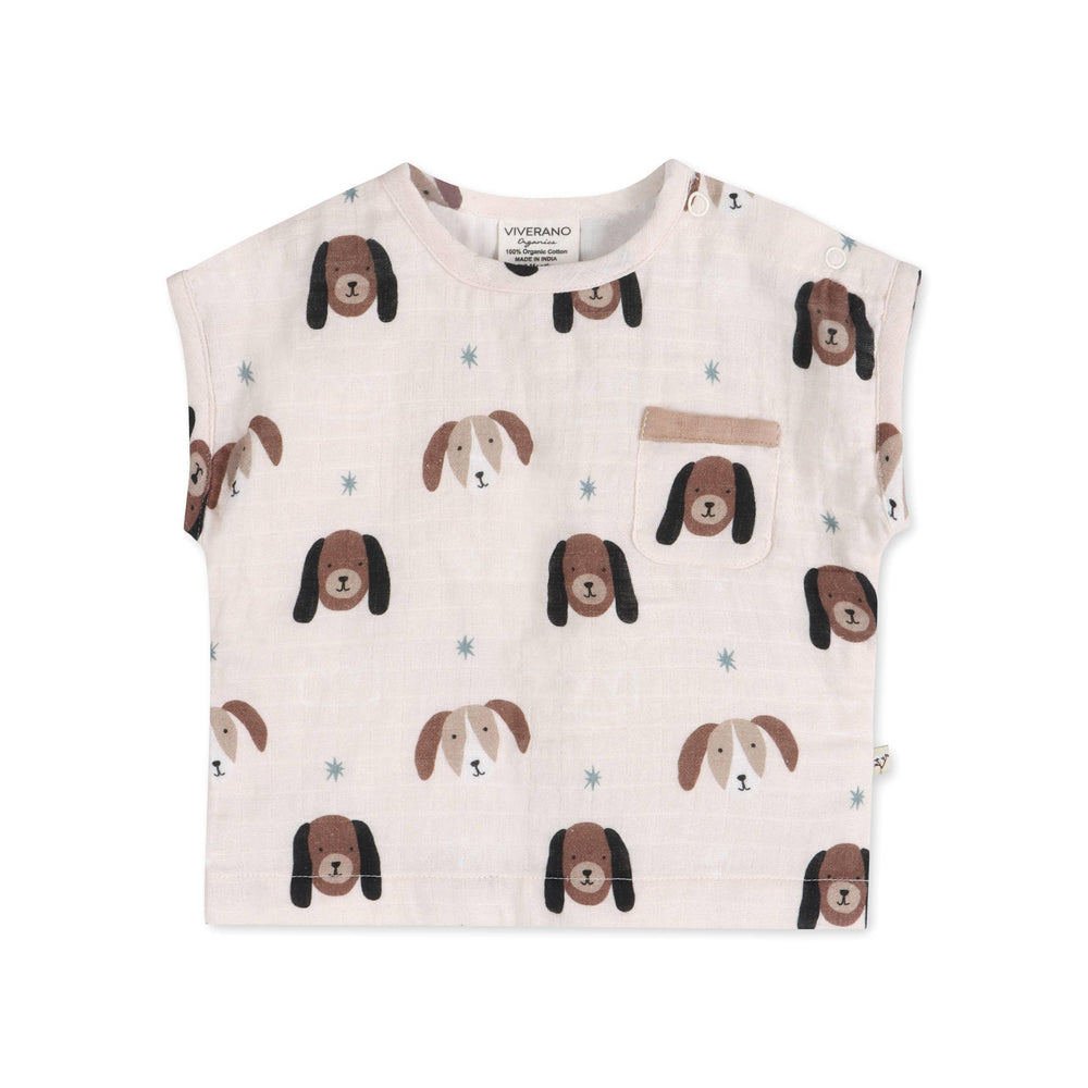Organic cotton baby shirt with cute dog print and pocket