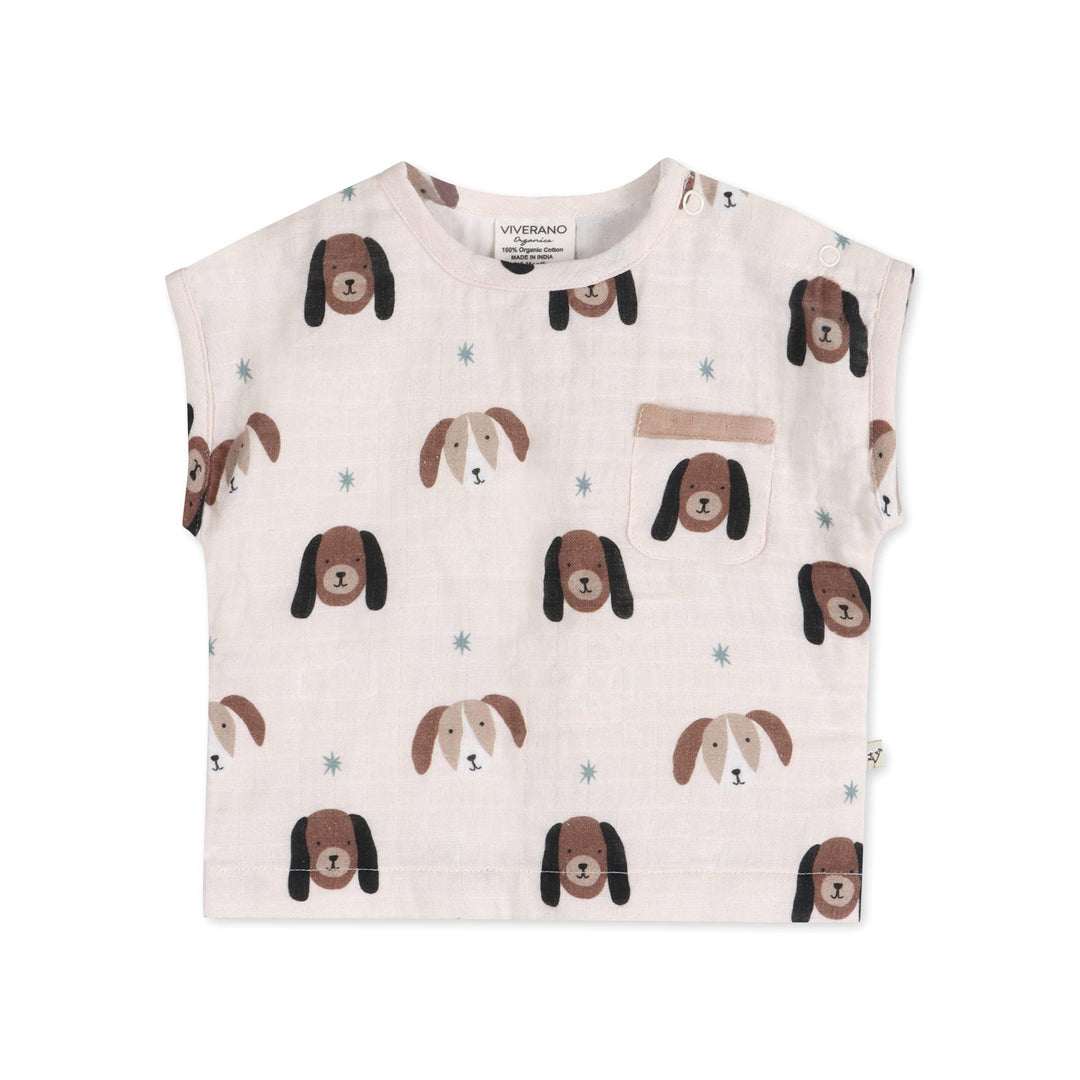Organic cotton baby shirt with cute dog print and pocket