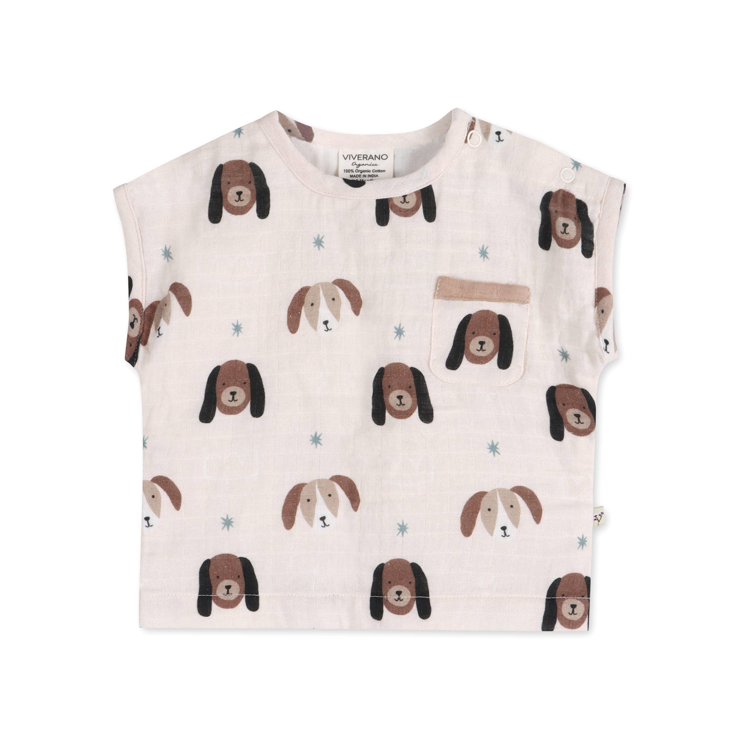 Organic cotton baby shirt with cute dog print and pocket