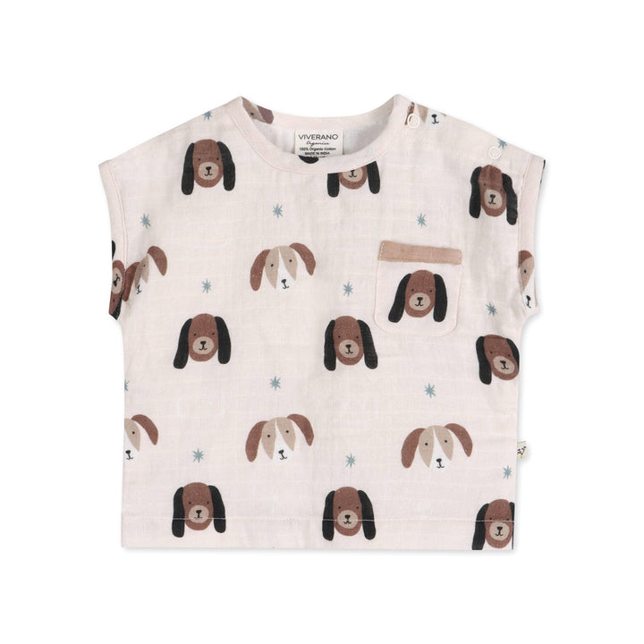 Organic cotton baby shirt with cute dog print and pocket