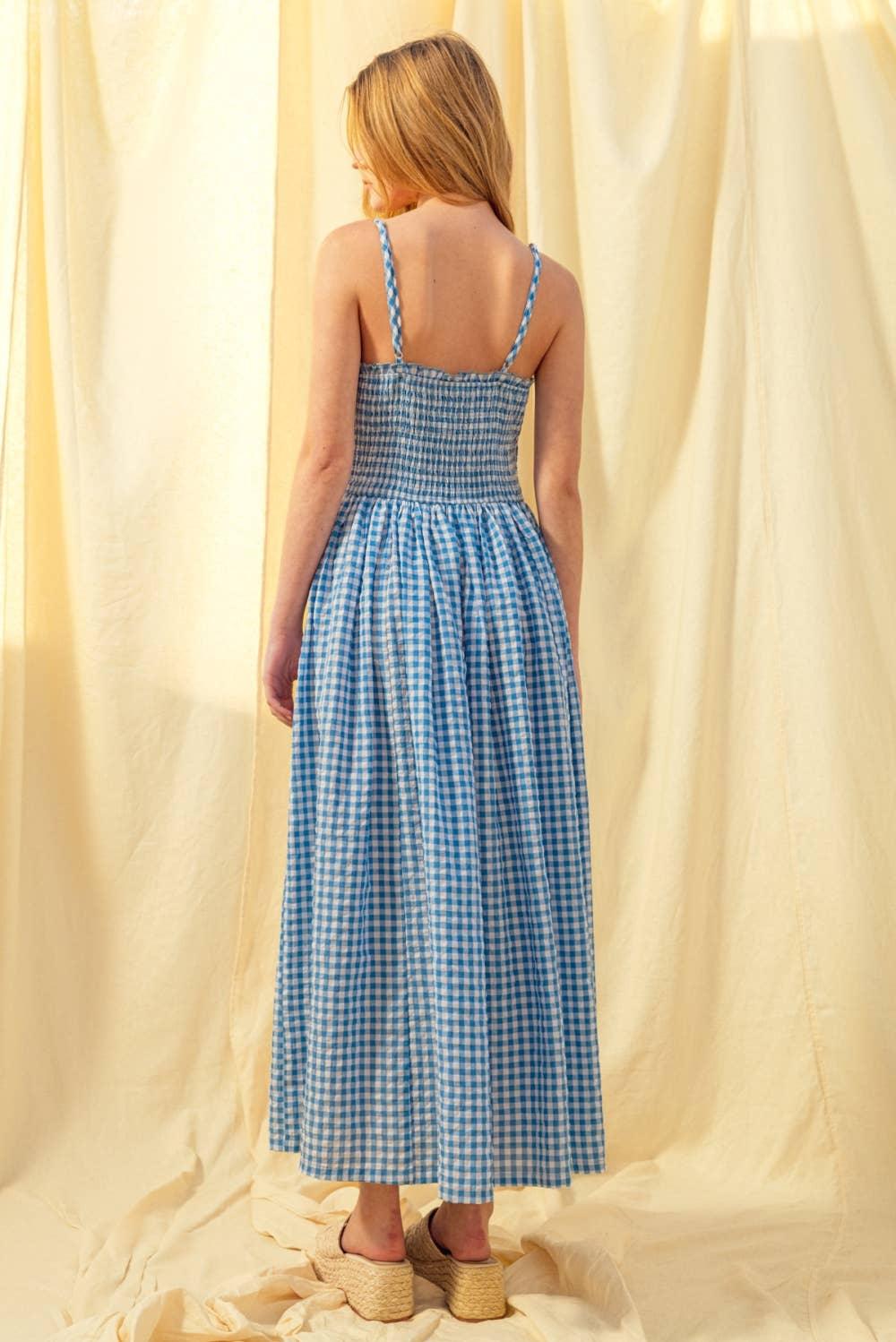 Blue gingham maxi dress with smocked back and thin straps, worn with espadrille wedges