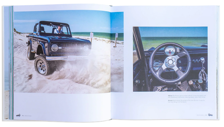 Classic Ford Bronco cruising sandy beach, custom interior with skull shifter, coastal adventure vibes