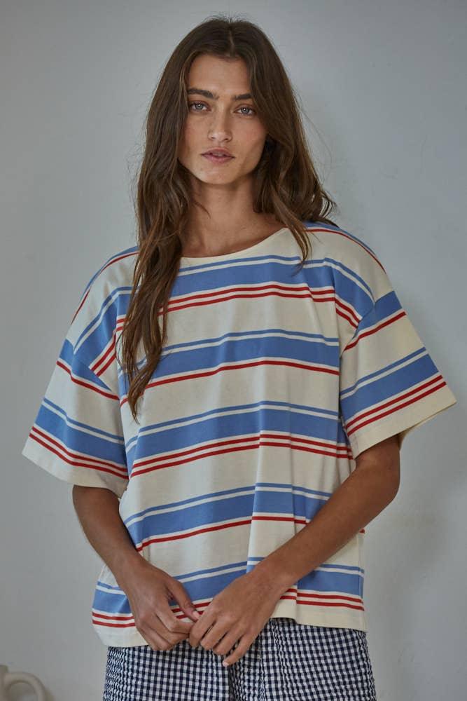 L9696 | Knit Cotton Multi Striped Short Sleeve Top