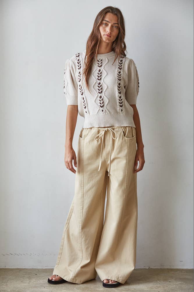 W2559 | Knit Sweater Contrast Stitch Quarter Sleeve Pullover