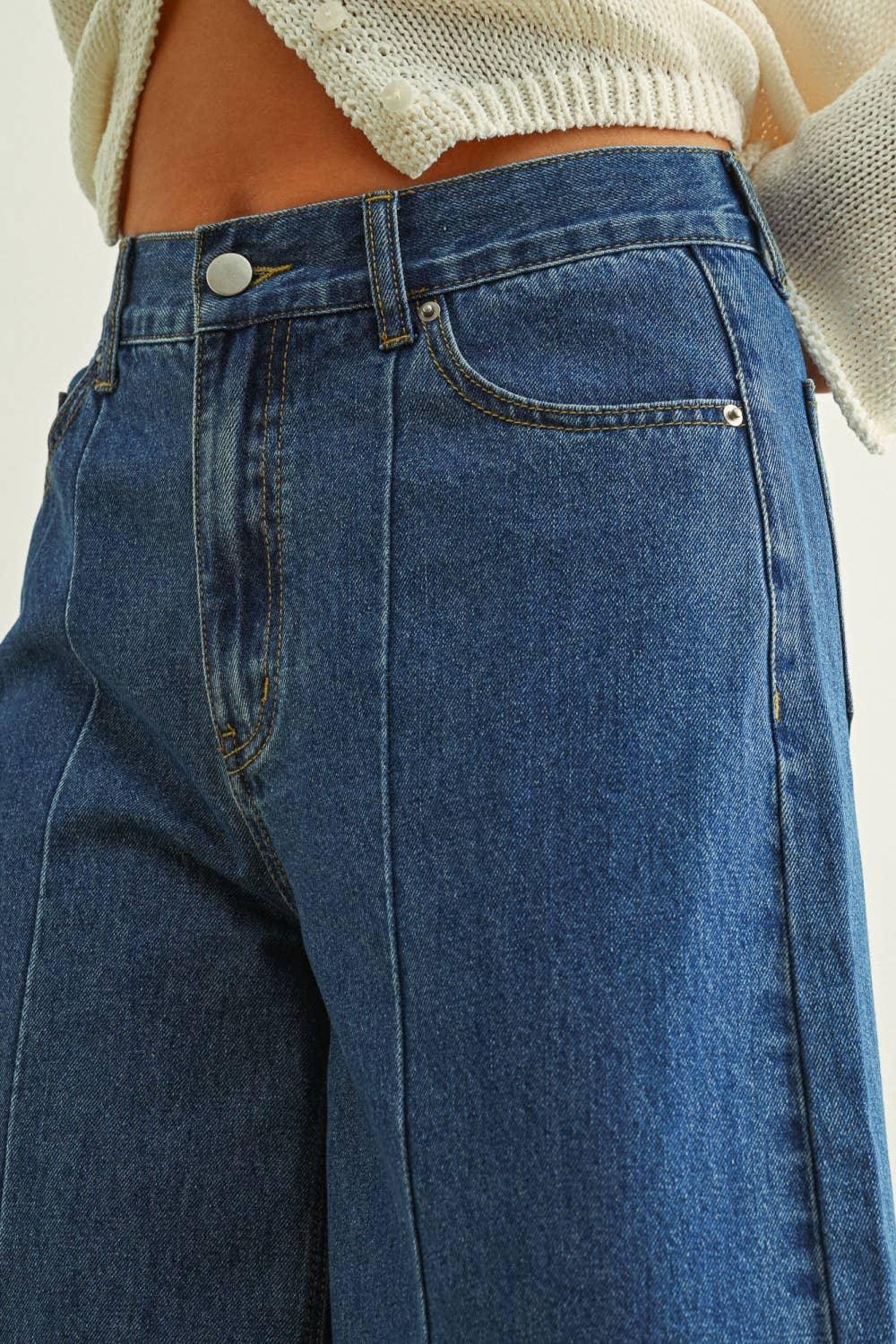 High-waisted wide leg jeans with classic denim wash and front pocket detail