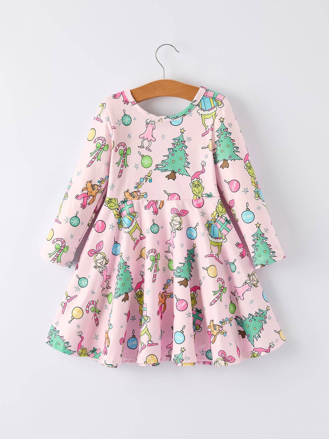 Pink Christmas Character Print Long Sleeve Girls Dress