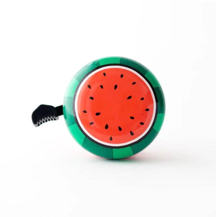 Watermelon-themed bike bell with green rind and red seed design for fun outdoor rides