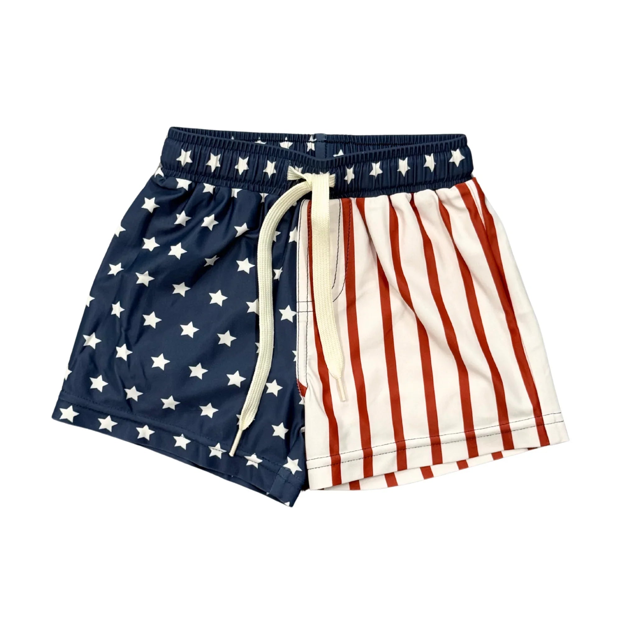 American flag swim trunks with stars and stripes, perfect for beach days and coastal adventures
