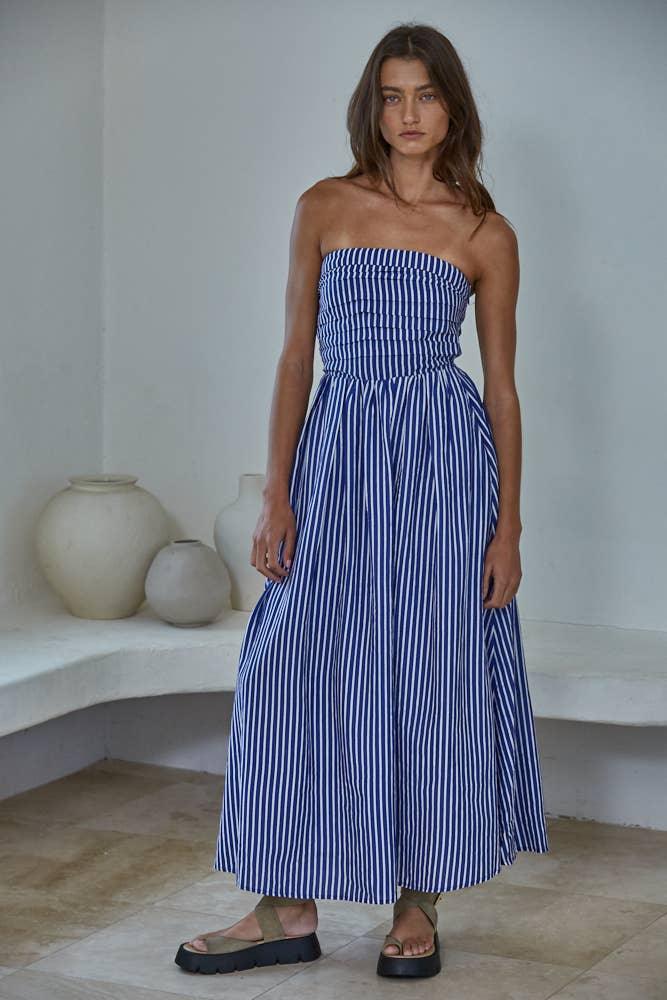 Blue and white striped strapless maxi dress for coastal summer style