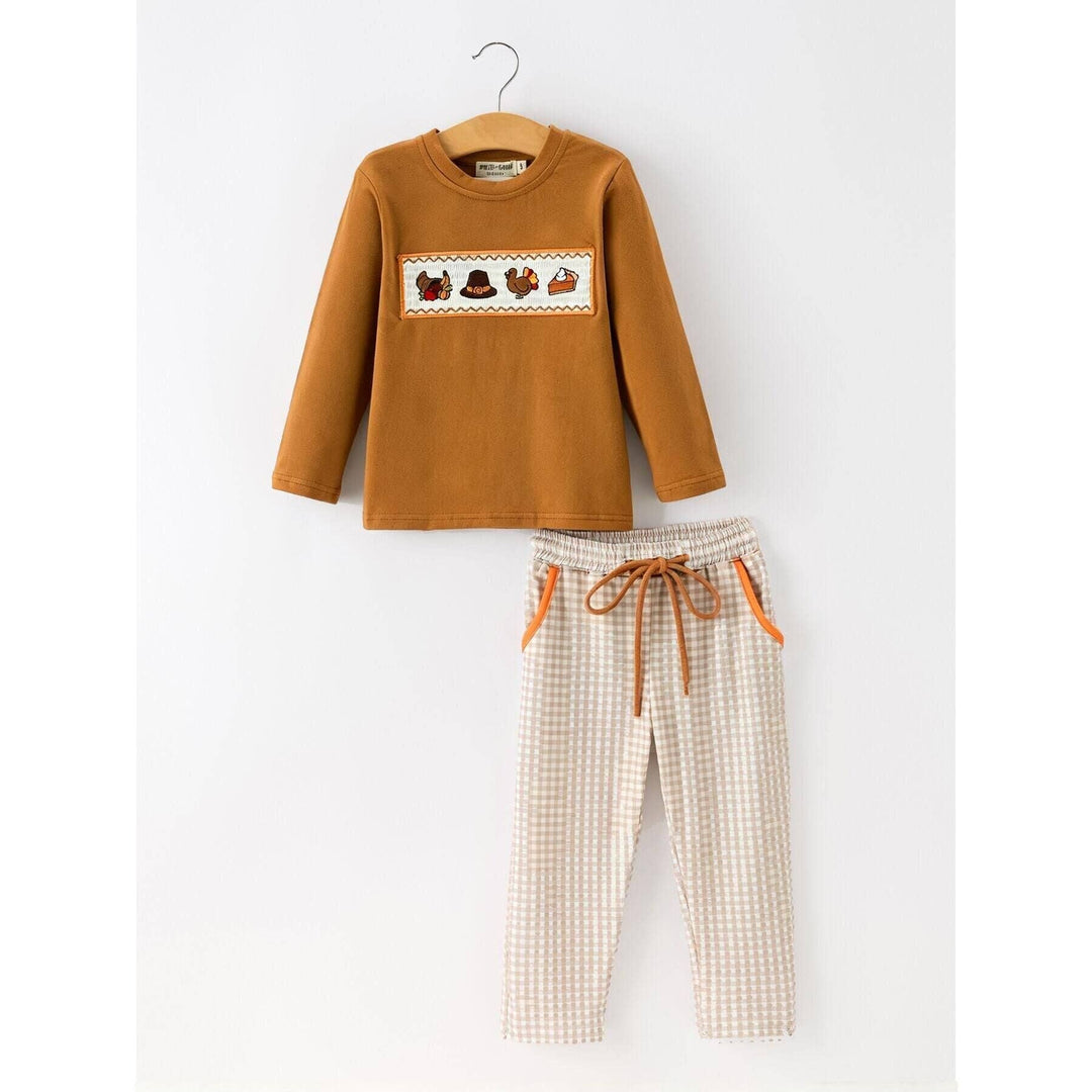 Thanksgiving Boys Embroidered Shirt Gingham Pants Set Fall Outfit