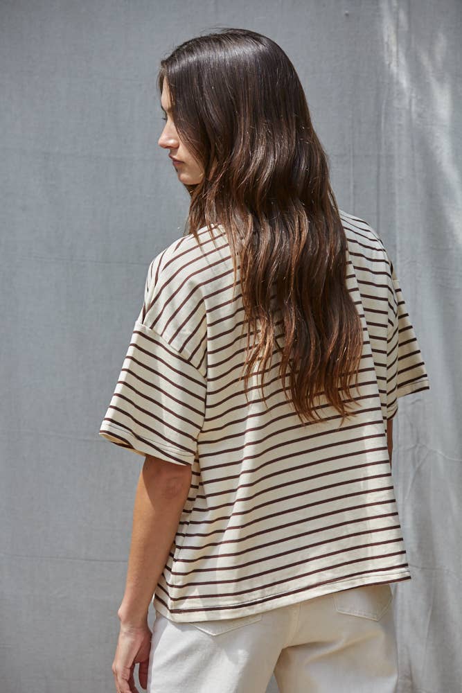 L9691 | Knit Cotton Striped Short Sleeve Crew Neck Top