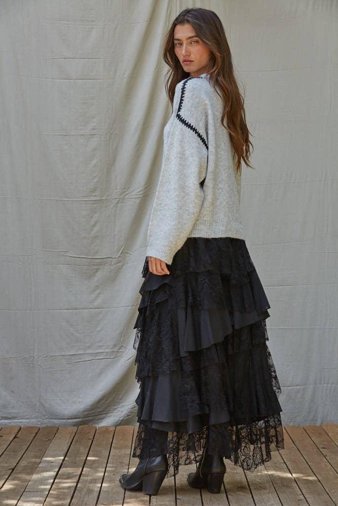 W2283 | Knit Sweater Stitch Detailed Crew Neck Pullover