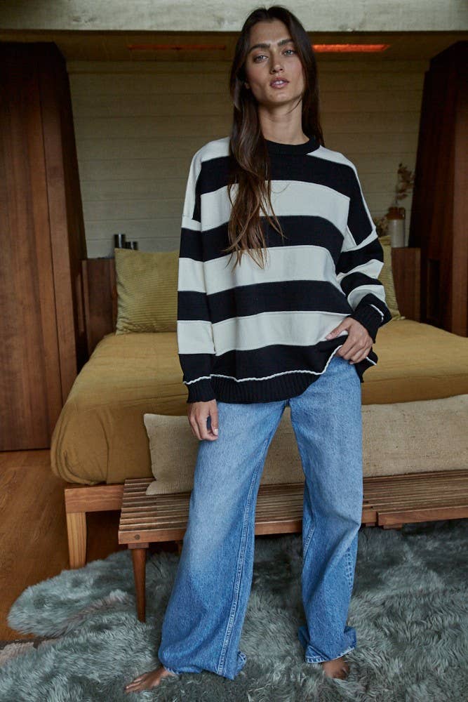 W2129 | Knit Sweater Striped Crew Neck Long Sleeve Pullover