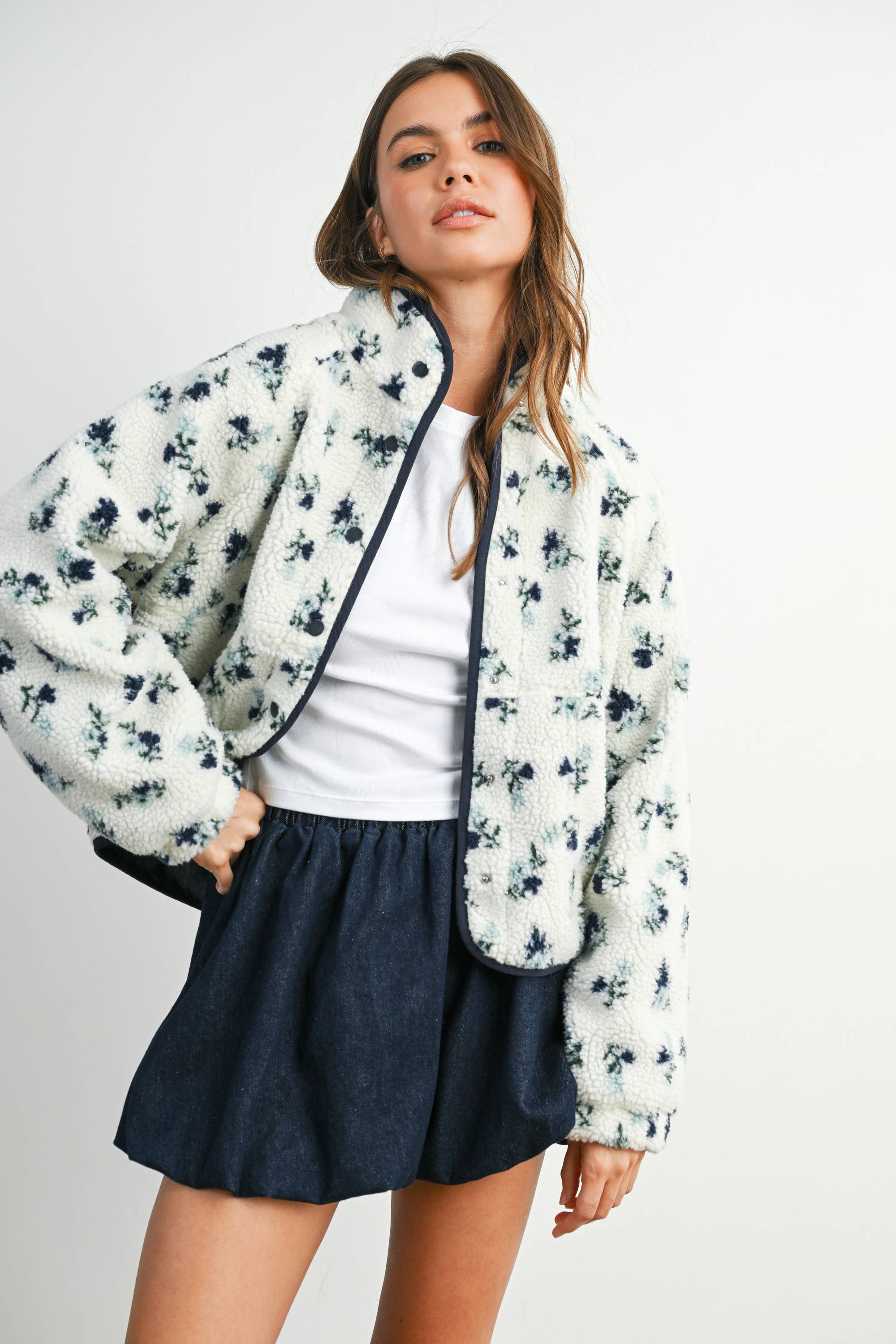 Floral Print Fluffy Fleece Jacket - BMJ7811