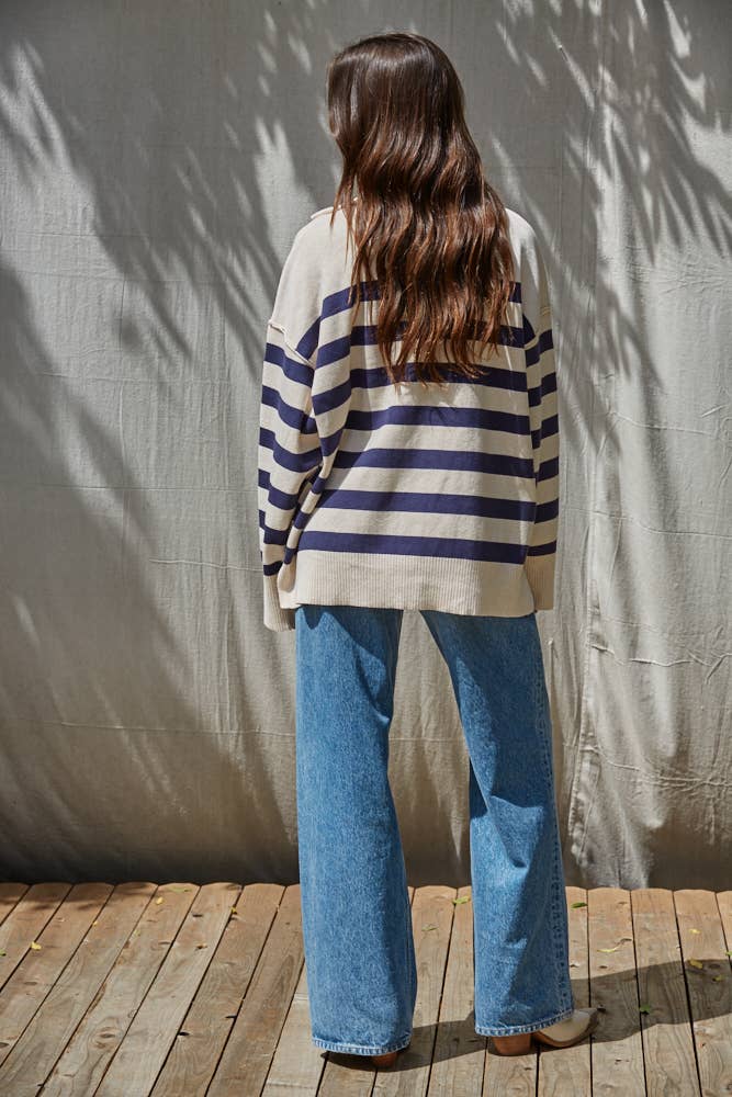 W2568 | Knitted Front Quarter Zipper Striped Mock Pullover
