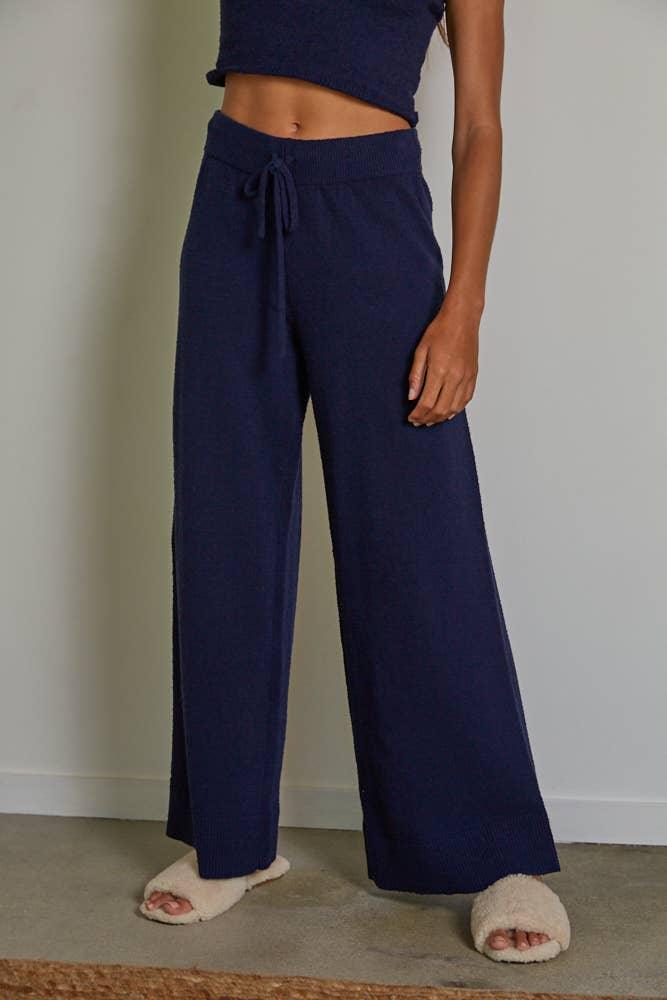 Navy blue wide-leg knit pants with drawstring waist, cozy lounge wear for PNW coastal style