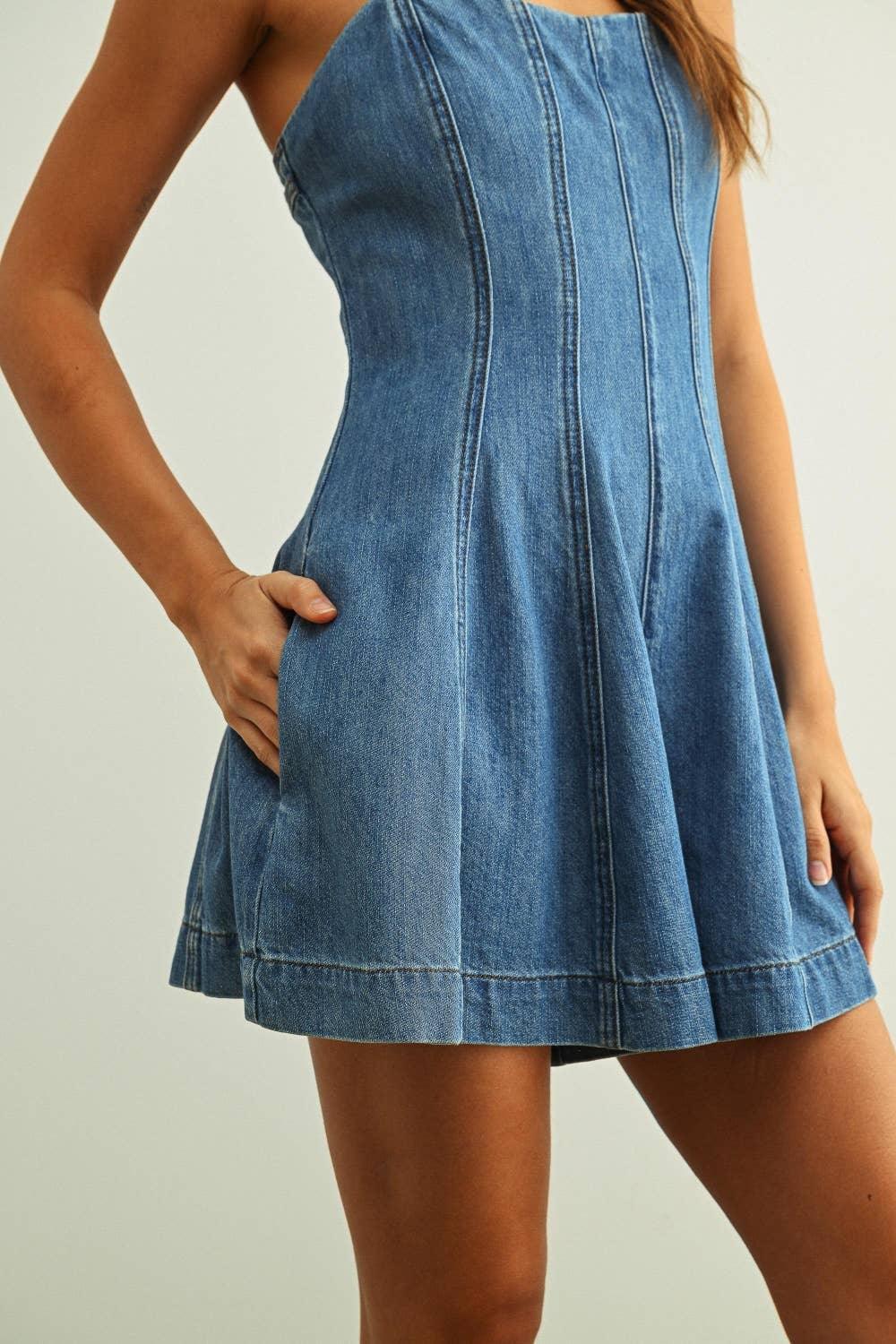 Denim strapless mini dress with front pockets and flared hem, casual summer style
