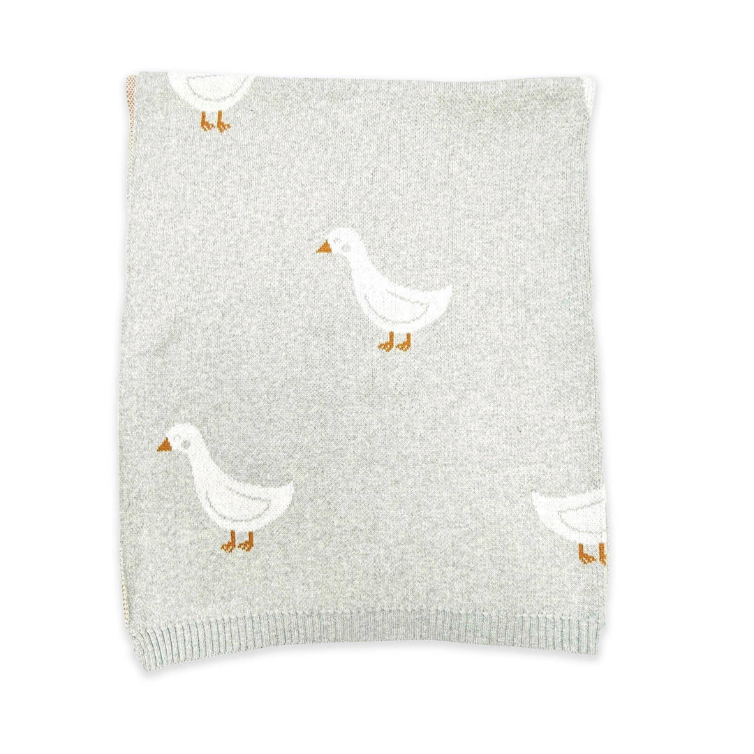 Soft gray knit blanket with white duck pattern, cozy baby nursery decor