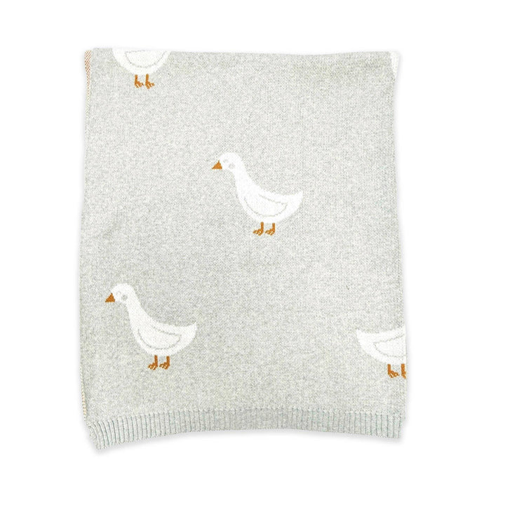 Soft gray knit blanket with white duck pattern, cozy baby nursery decor