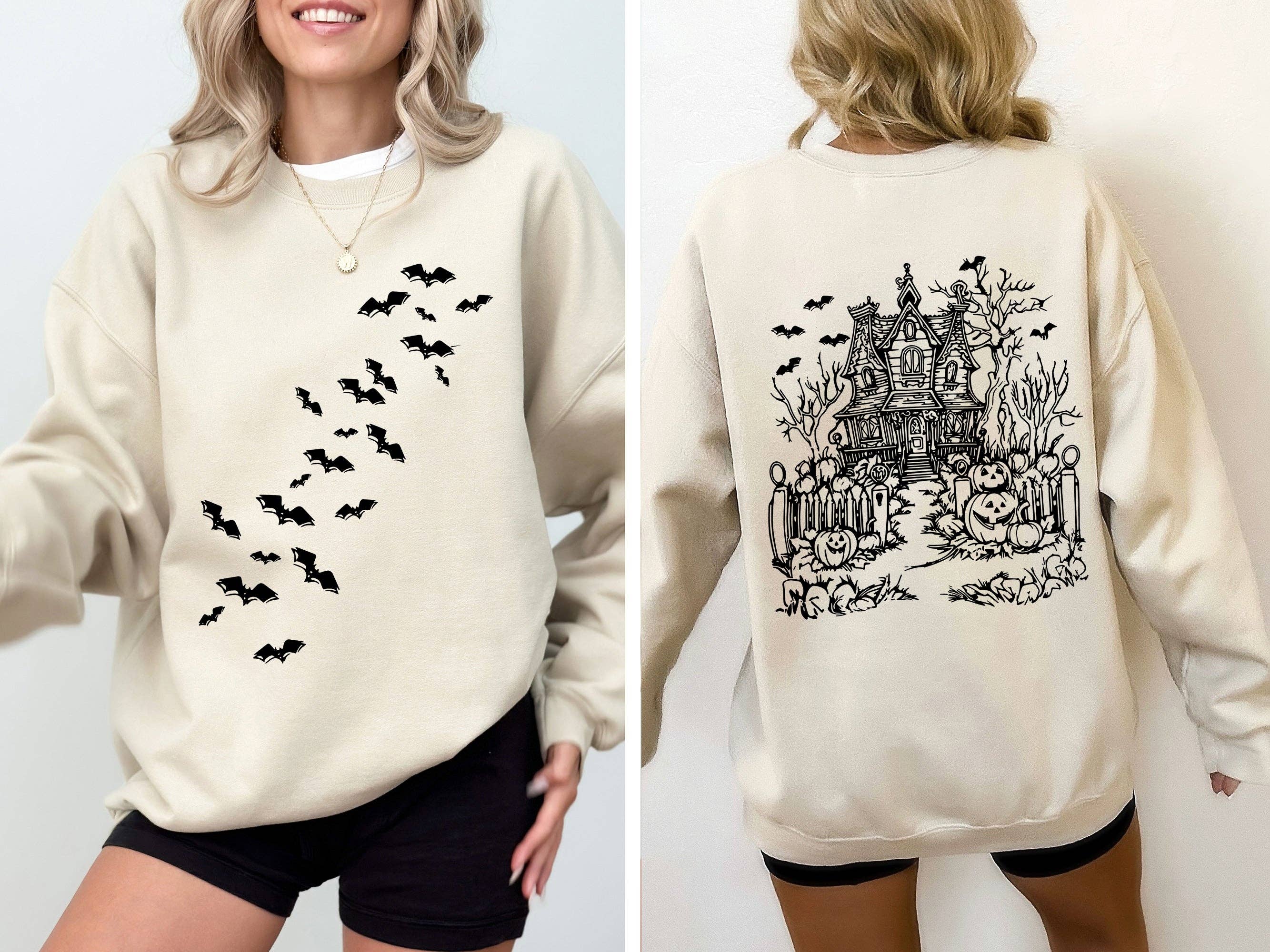 Haunted House, Front and Back, Halloween, Bats Sweatshirt