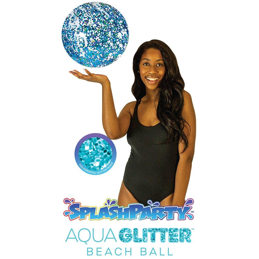 Woman holding blue holographic glitter beach ball for pool or beach fun, SplashParty Aqua Glitter Ball