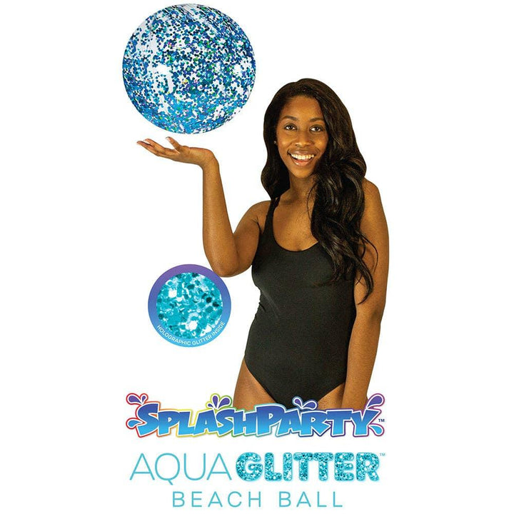 Woman holding blue holographic glitter beach ball for pool or beach fun, SplashParty Aqua Glitter Ball