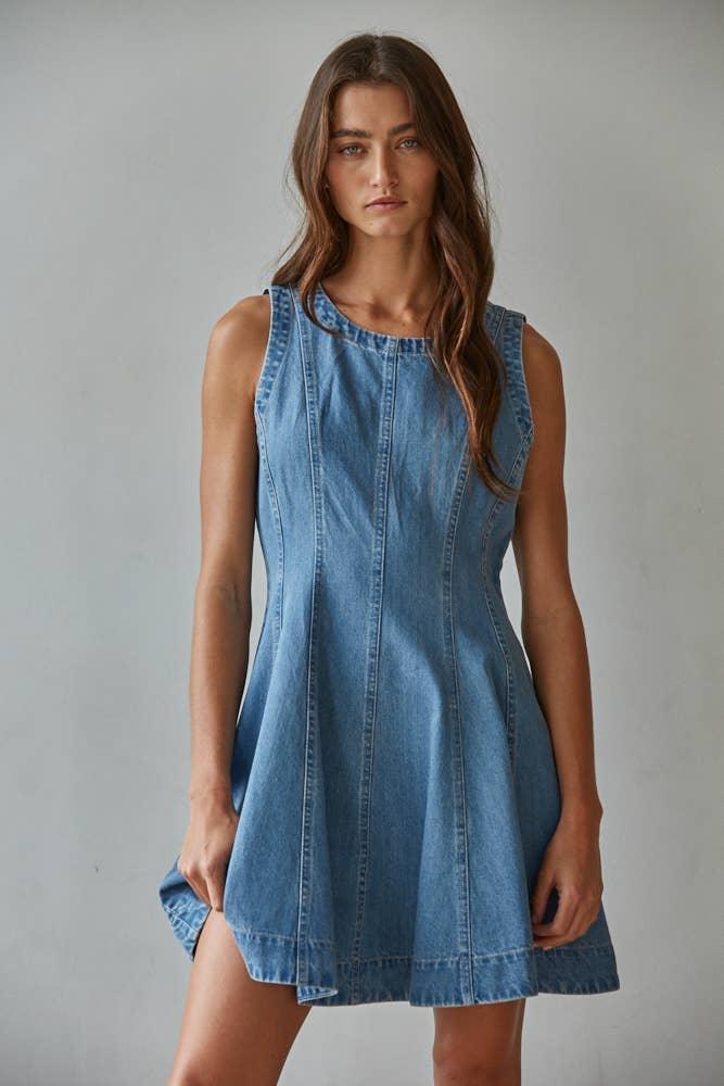 Sleeveless denim dress for coastal style and everyday adventures