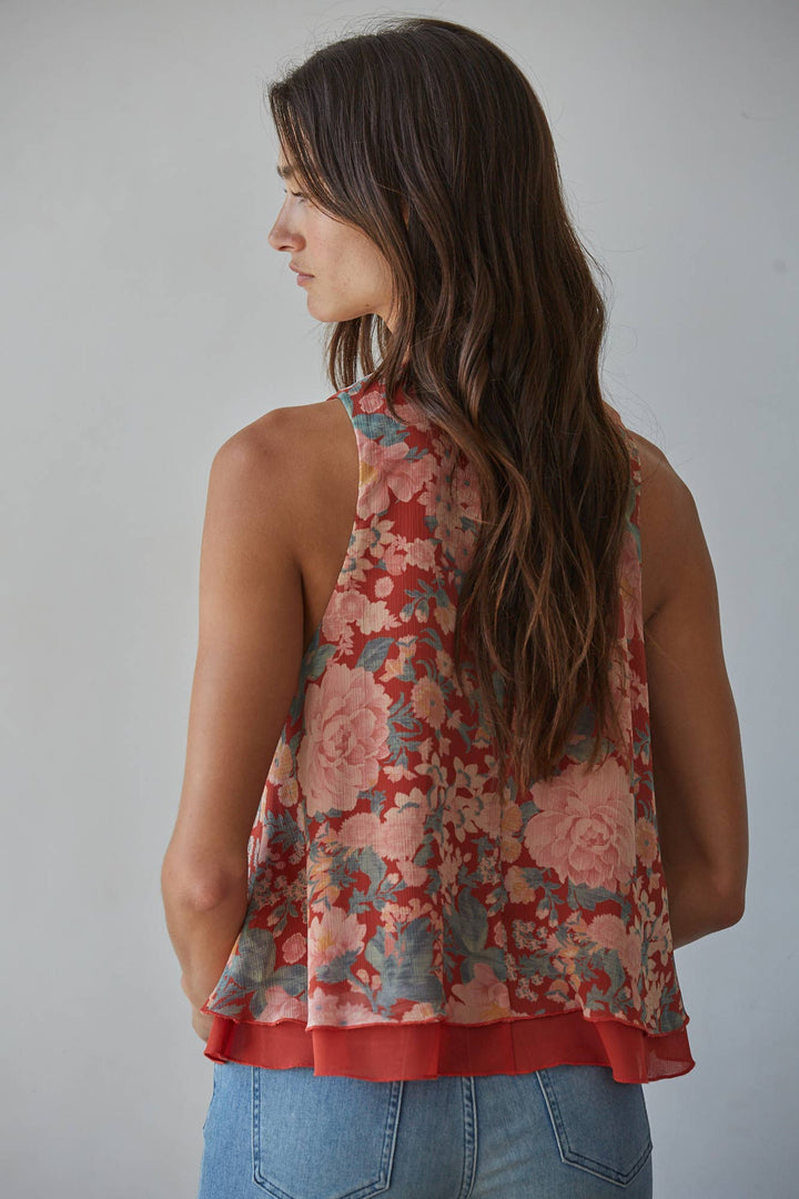 L9941 | Woven Polyester Chiffon Floral Print Sleeveless Top
