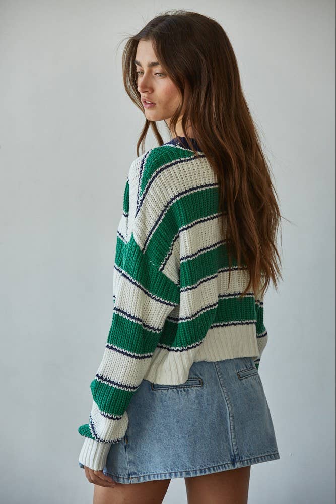W1937 | Knit Sweater Cotton Acrylic Striped Crew Pullover