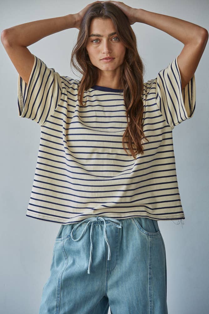 L9691 | Knit Cotton Striped Short Sleeve Crew Neck Top