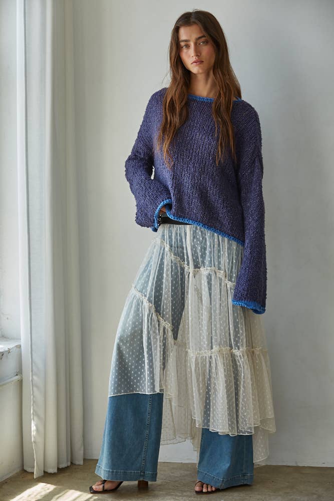 W1919 | Knit Sweater Pullover Top With Contrast Hems Detail