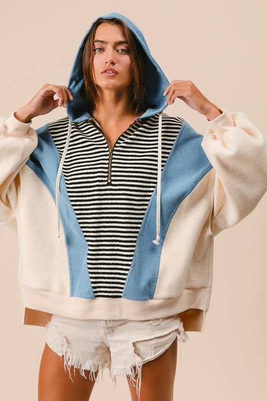 Stripe And Denim Mixed Hoodie Top