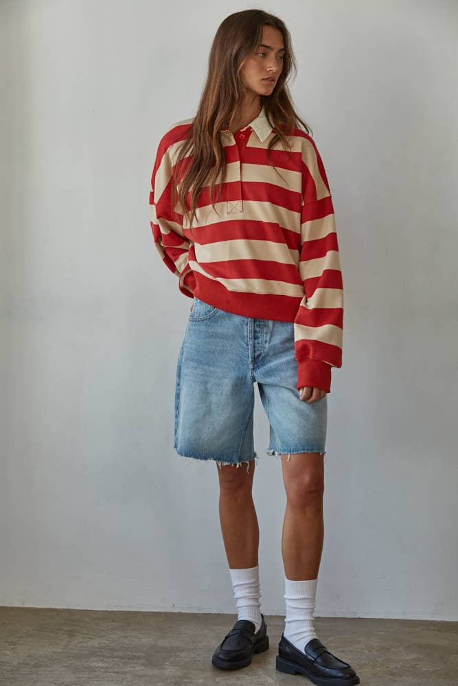 L8467 | Knit Cotton Polyester Striped Half Button Up Top