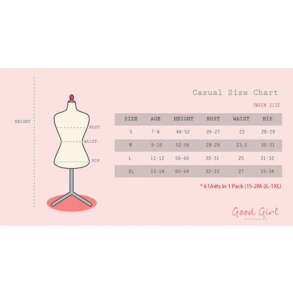 Good Girl Kidswear casual tween size chart with measurements for S to XL, ages 7-14
