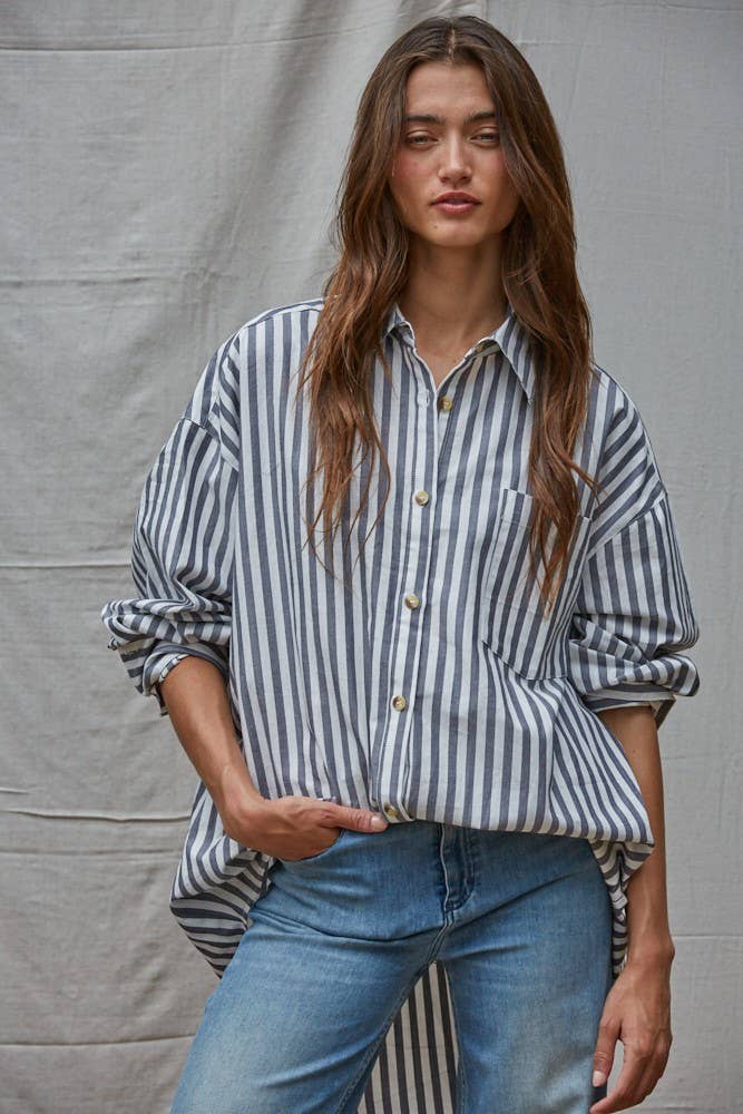 L8492T | Woven Cotton Striped Oversized Shirt