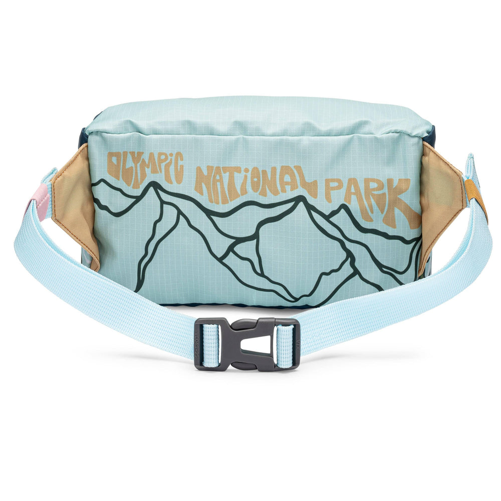Light blue fanny pack with Olympic National Park mountain design and adjustable strap