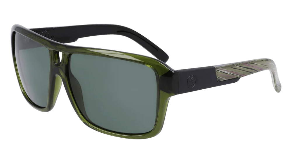 Olive green rectangular sunglasses with black arms and marbled temple tips, ideal for outdoor adventures.