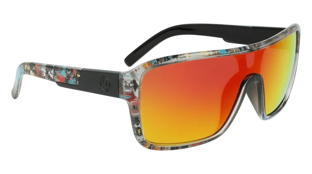 Stylish gradient orange-yellow mirrored sunglasses with colorful splatter frame, perfect for outdoor adventures.