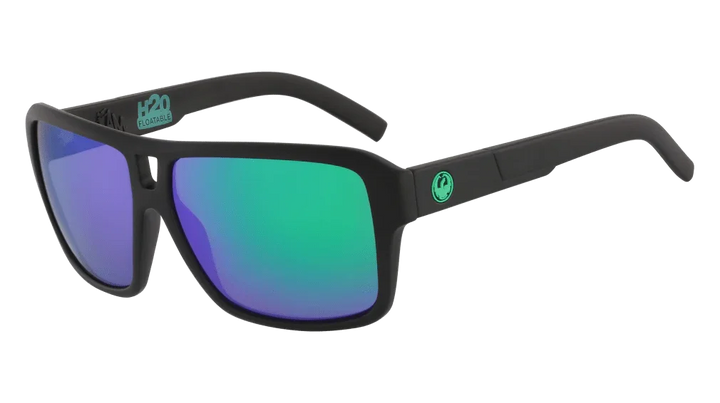 Black H20 floatable sunglasses with blue-green mirrored lenses, ideal for water sports and outdoor adventures.