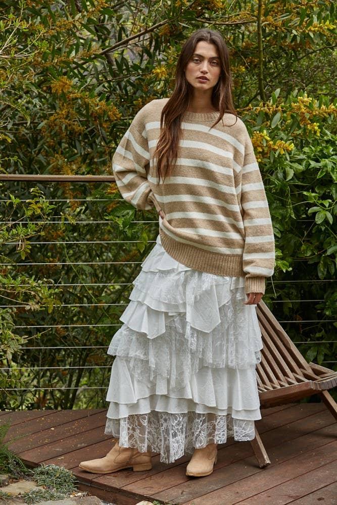 Striped cozy sweater with tiered lace skirt, perfect for PNW coastal style and outdoor weekends.